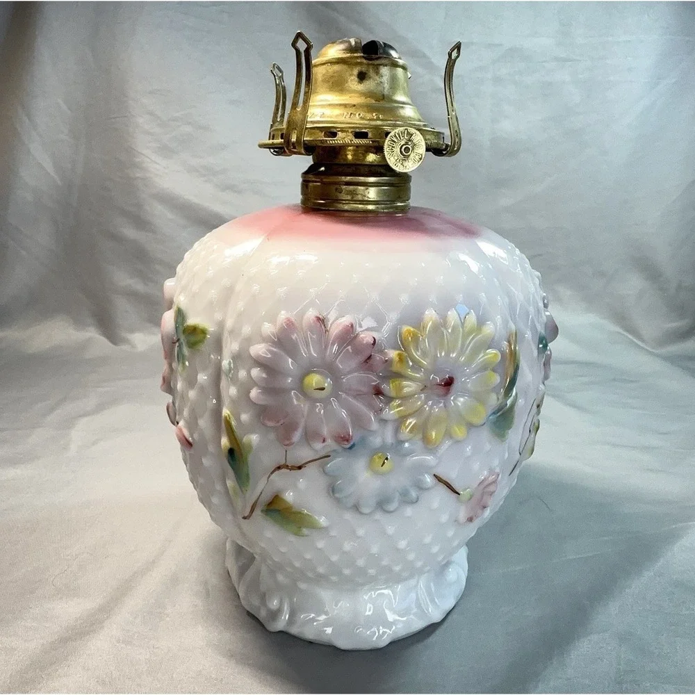 Antique Oil Lamp Base Consolidated Glass Florette Pink Blush Bulging Petal